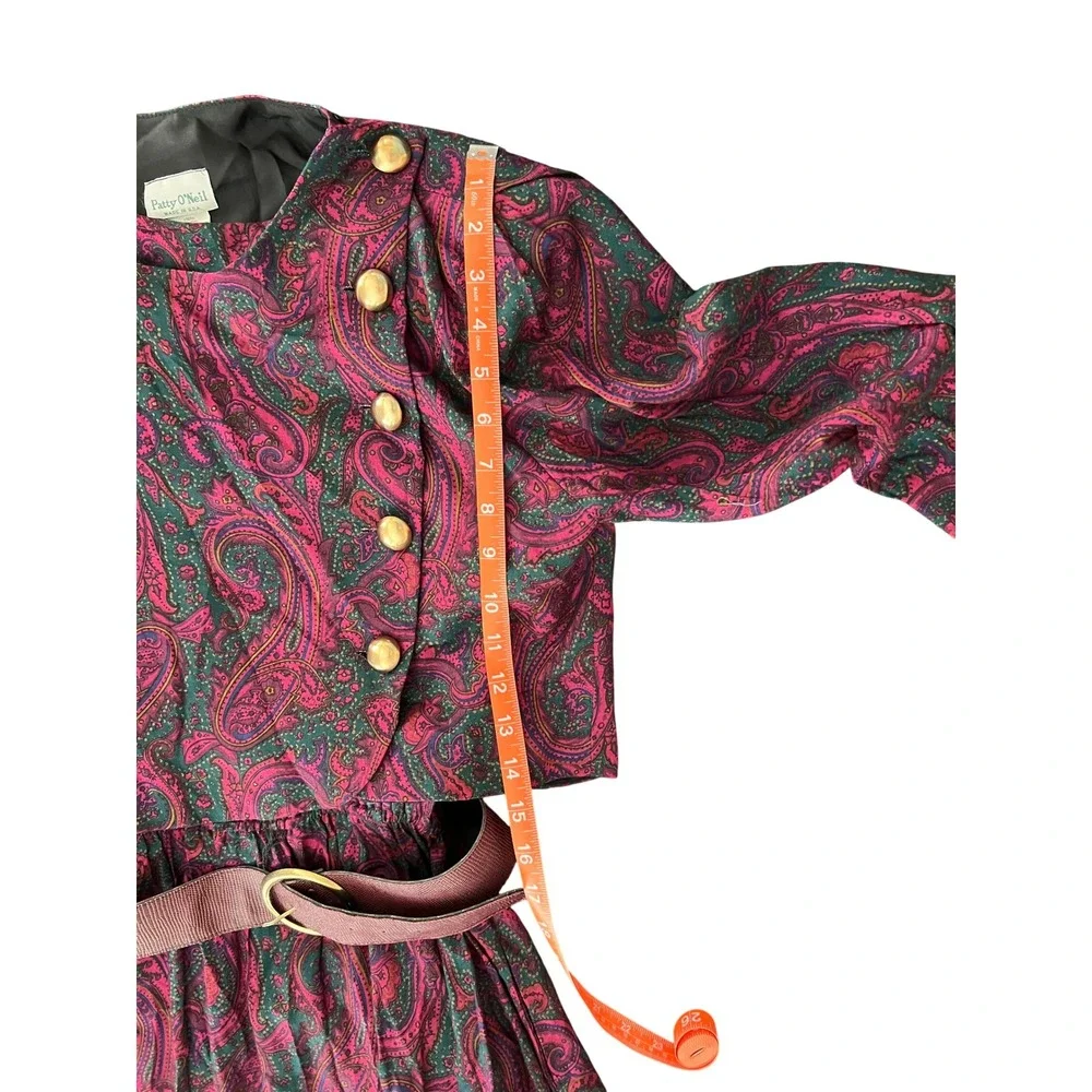 Patty O'Neil Vintage Paisley Dress Set with Cropped Jacket and Belt Pink Green 8